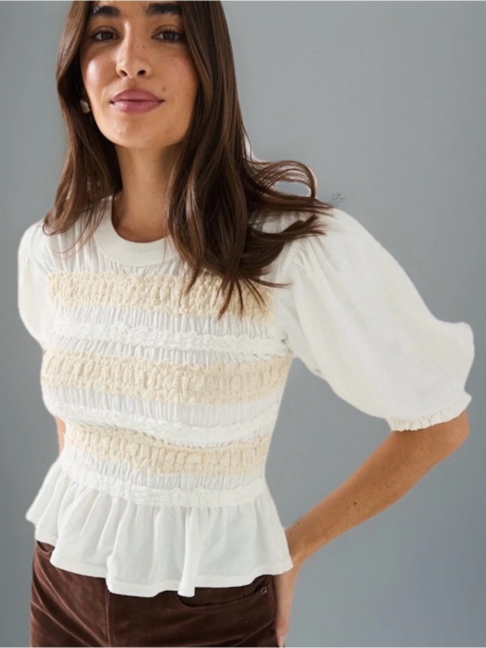 Free People NWT Maxey Smocked Ruffled Cream Puffed Half Sleeve Knit Top, XS